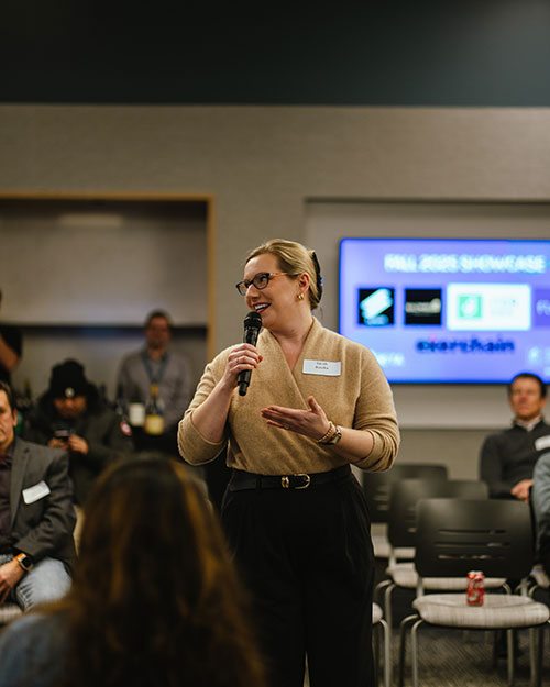 Sarah Buszka speaks before an audience at the WCTC Applied AI Lab