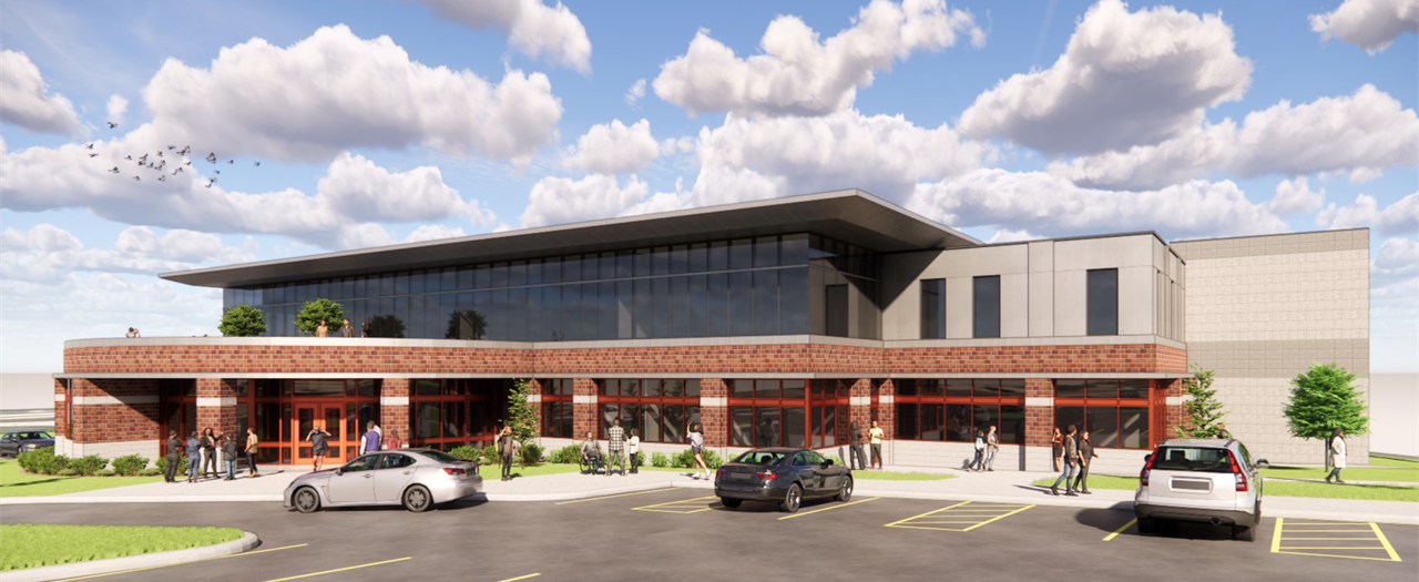 Rendering of Building Q on WCTC's Pewaukee campus with a completed second story, which features a facade of glass panels and an outdoor patio.