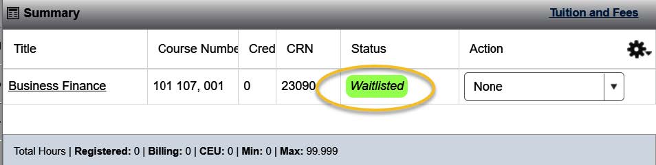 MyWCTC Summary screenshot with Status Waitlisted circled