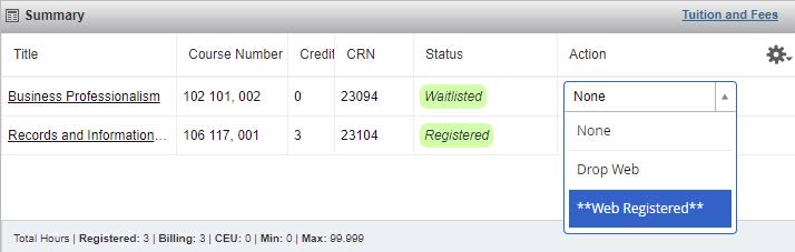 Screenshot from MyWCTC Summary page showing the drop down Action menu with **Web Registered** highlighted in blue