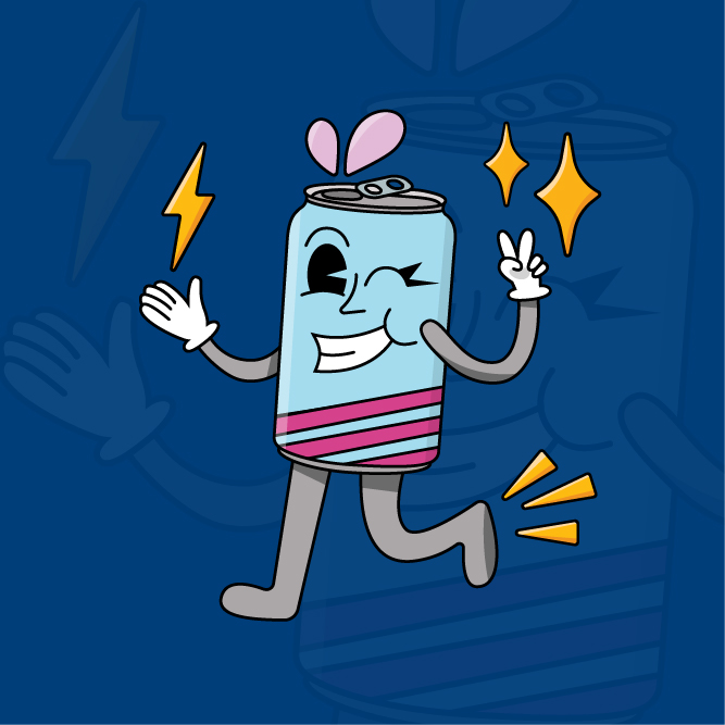 drawing of teal cartoon aluminum drink can with pink stripes running and doing a peace sign with whi