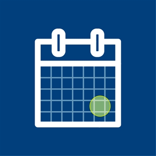 graphic of a wall calendar on blue background with a red dot on one date
