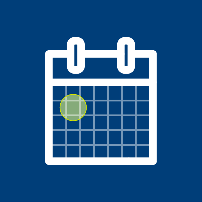 white on blue graphic of monthly wall calendar with green dot on a date near beginning of month