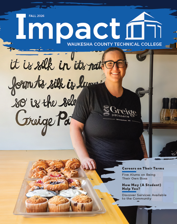 Cover of WCTC Impact Fall 2026 magazine, featuring photo of Jessica Reinhardtsen, WCTC alumna and owner of Greige Patisserie, wearing a black shirt with her company's logo