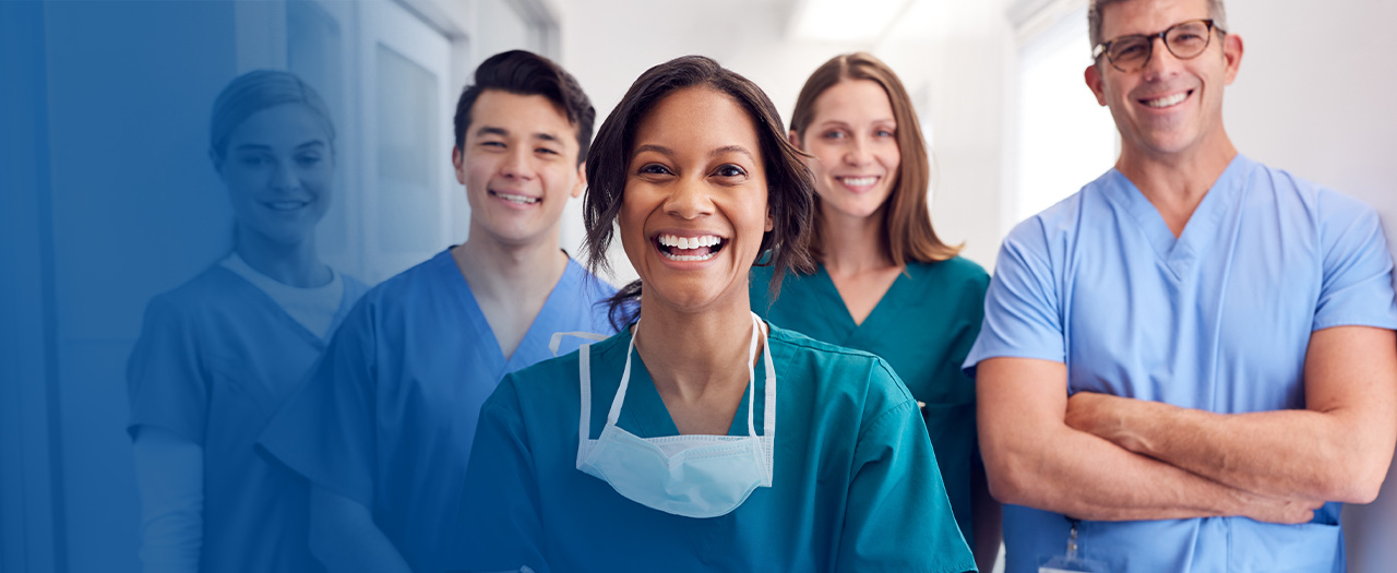 Healthcare workers smiling in group