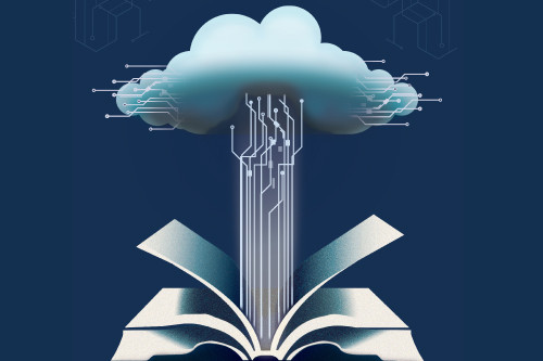 Book with wires leading to cloud illustration
