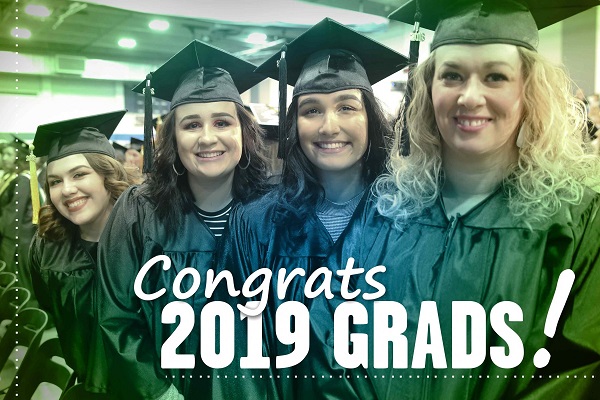 Graduates in regalia with message "Congrats 2019 Grads!"