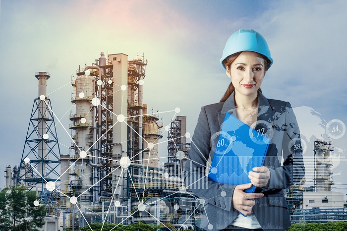 Woman with technology themed illustration